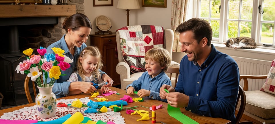 happy family at table making paper flowers