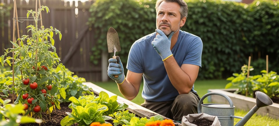 gardener deciding on planting in garden