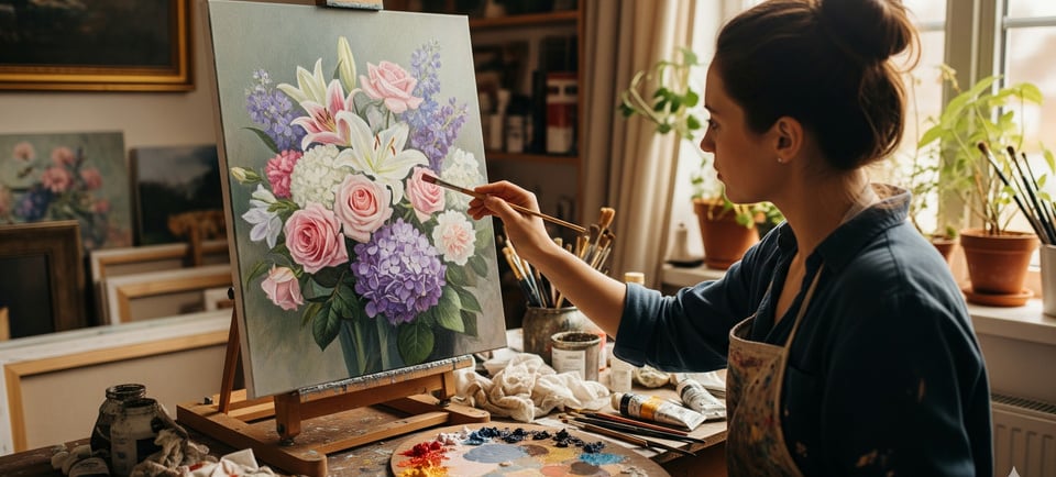woman painting flowers in art studio