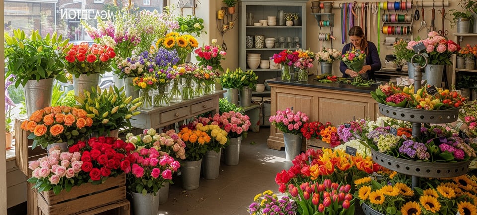 inside florist shop with different color flowers 