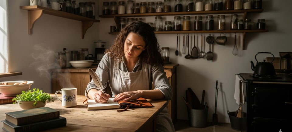 woman writing notes in rustic kitchen