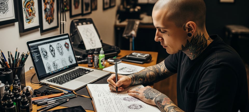 male tattooist writing in notebook