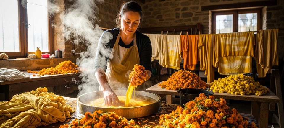 woman in wash house dyeing with marigold flowers