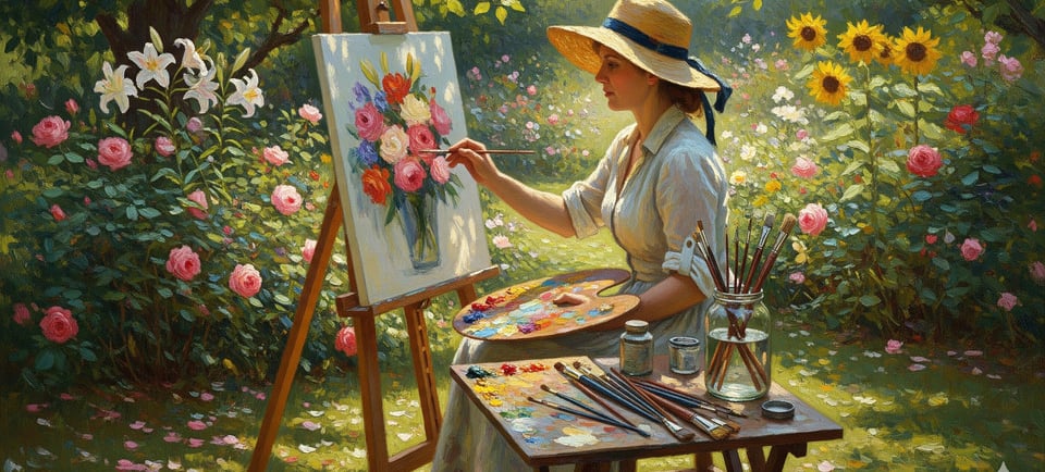 art portrait of a woman painting flowers