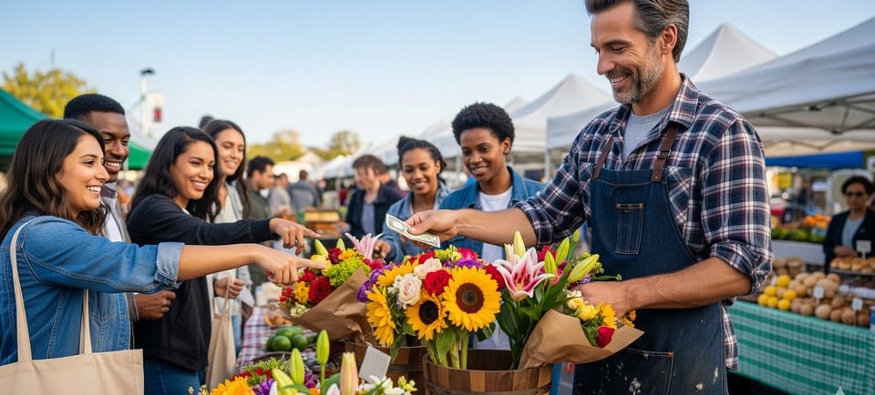 man selling flowers at farmers market