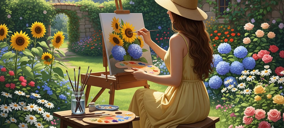 graphic image of woman painting sunflowers in garden