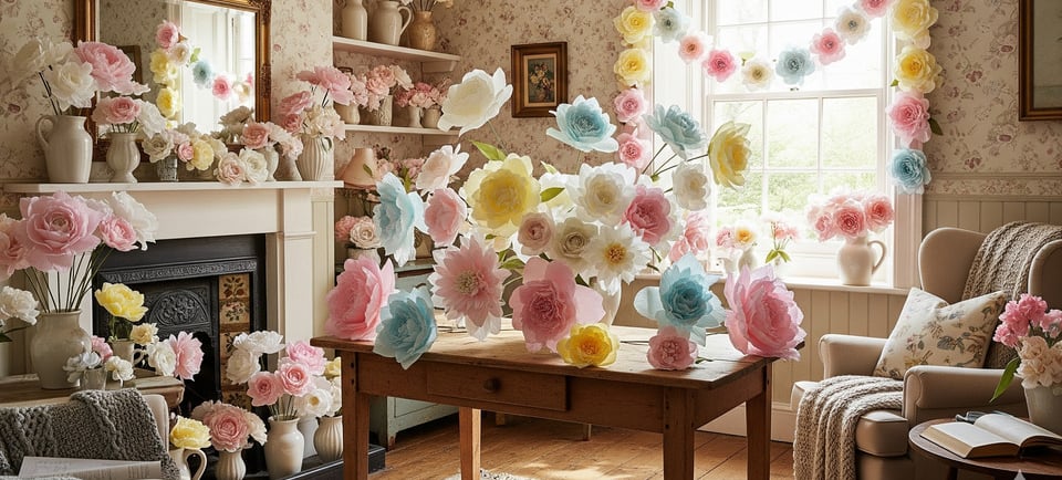 crepe paper flowers decorating living room