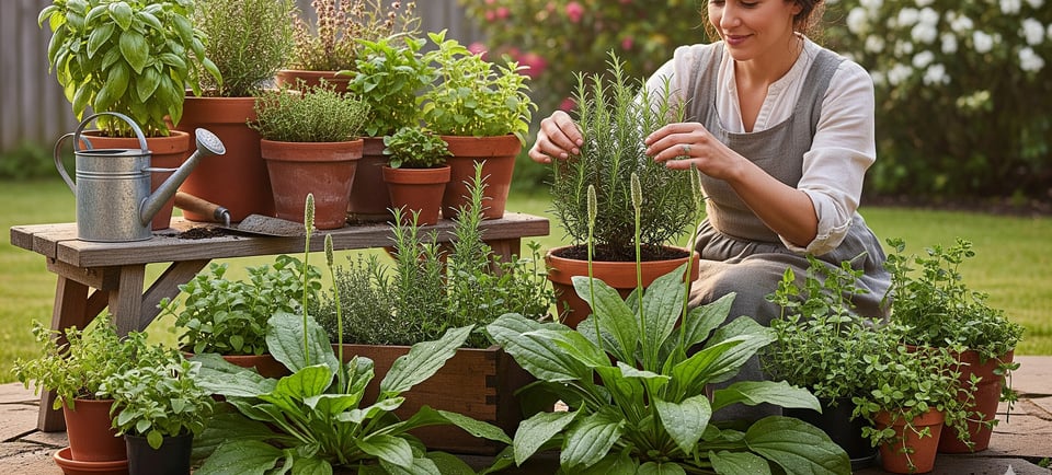 women caring for her green plants and weeds