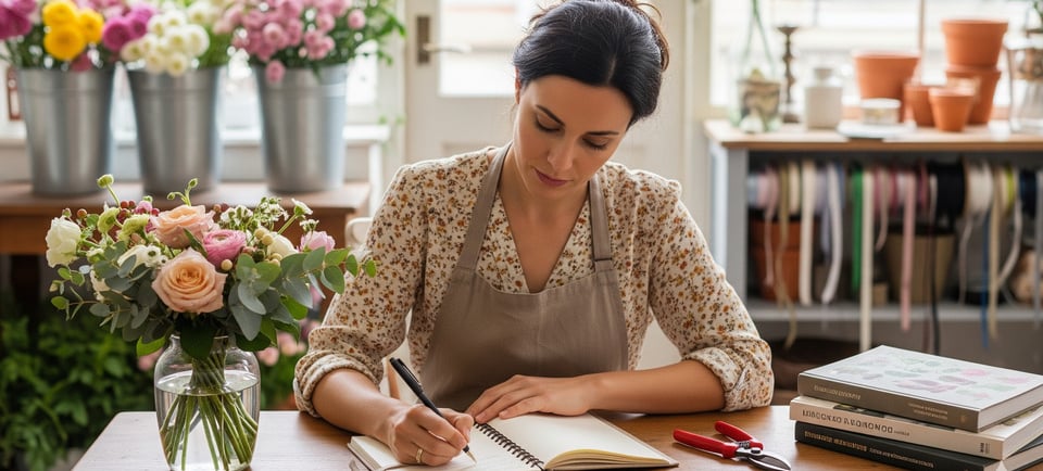 florist writing in notebook with flowers on desk