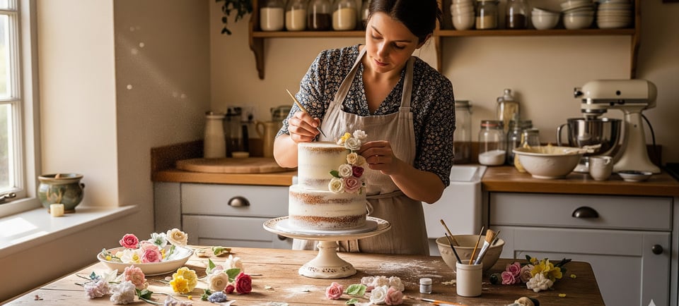 woman in rustic kitchen making edible gum paste flowers
