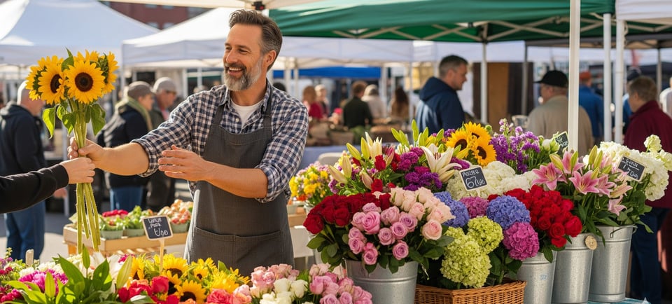 man selling profitable cut flowers at flower market