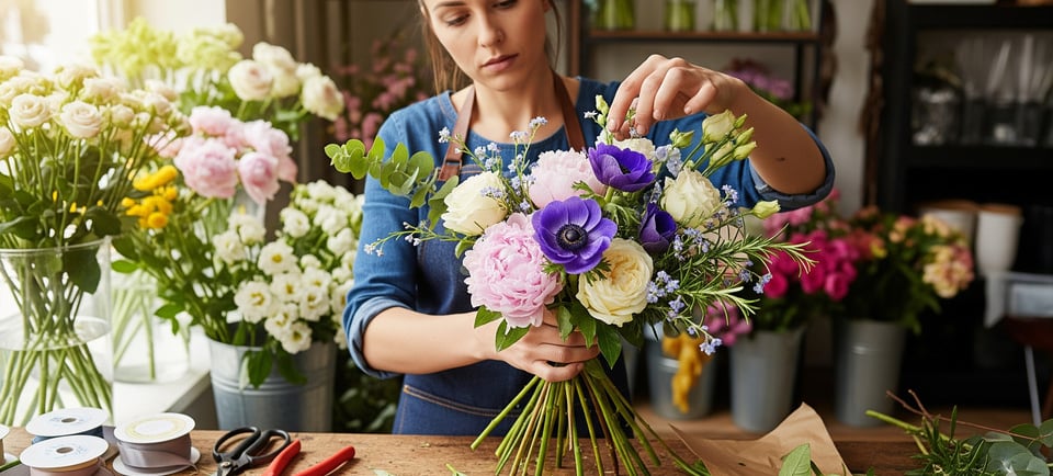 woman florist preparing custom bouquet