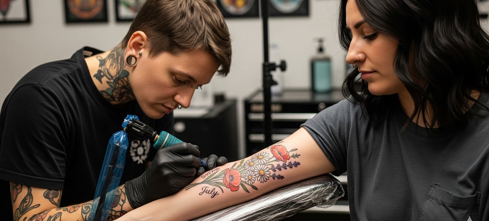 tattooist giving birth flower tattoo to woman