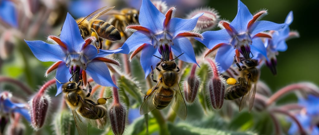 wasps on blue flowers close up