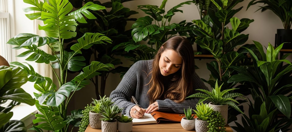 woman writing on table amidst faux plants