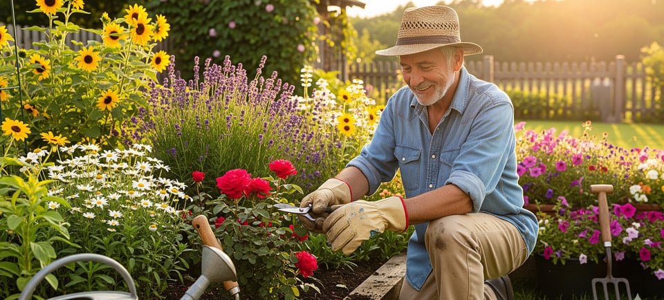 man tending to his flower garden