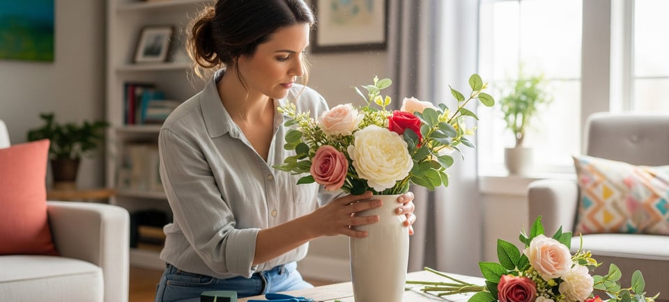 woman preparing faux botannicals in ceramic vase