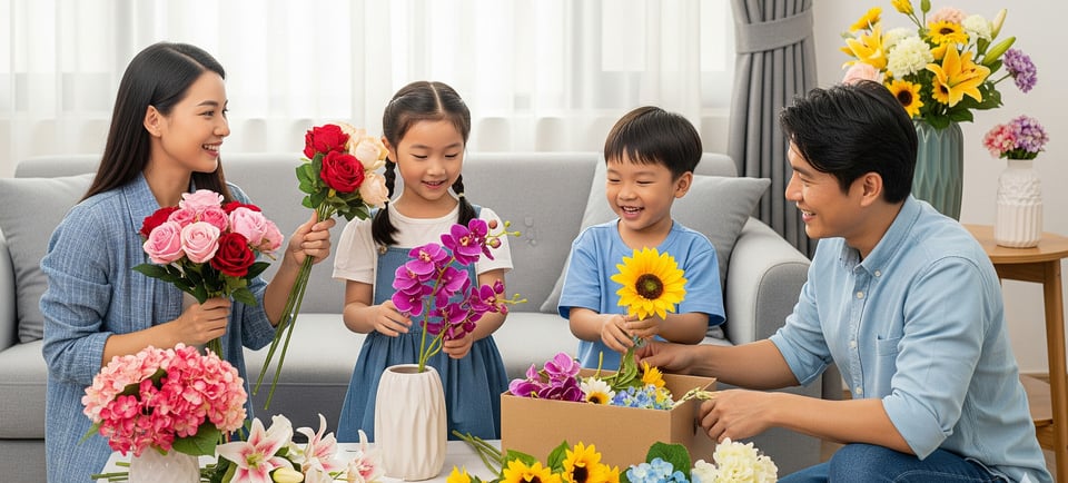 happy family with faux flowers decorating living room