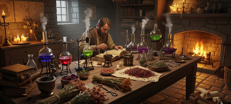plantain in the middle ages with alchemist