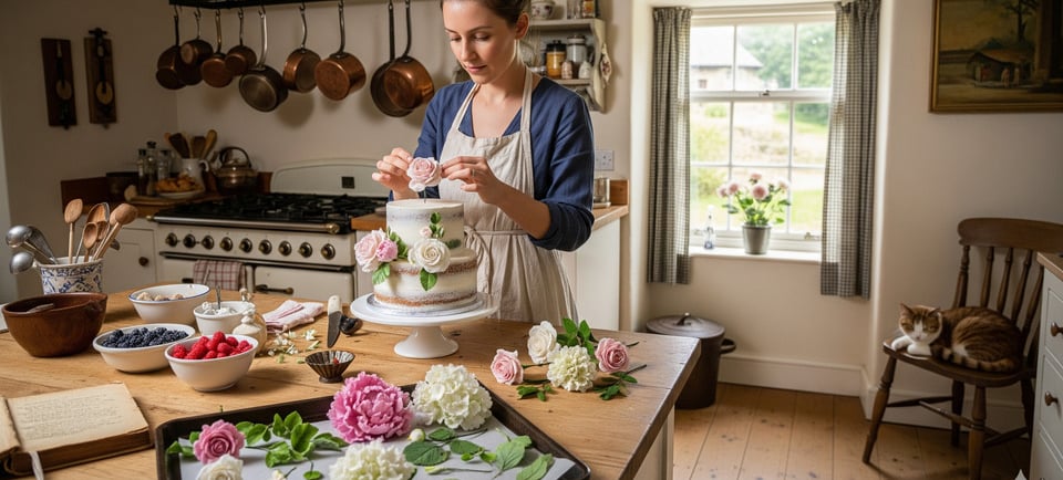 woman in kitchen making cake with edible gum paste flowers