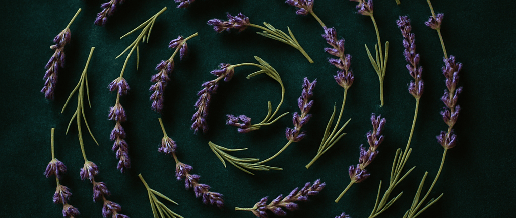 a spiralle of lavender flowers on a green background
