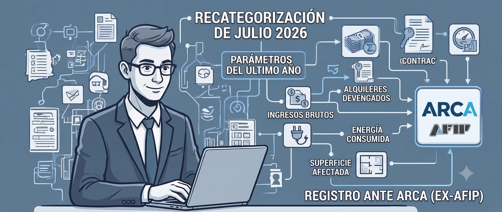 Infographic about July 2026 ARCA (ex-AFIP) Monotributo recategorization parameters in Argentina.