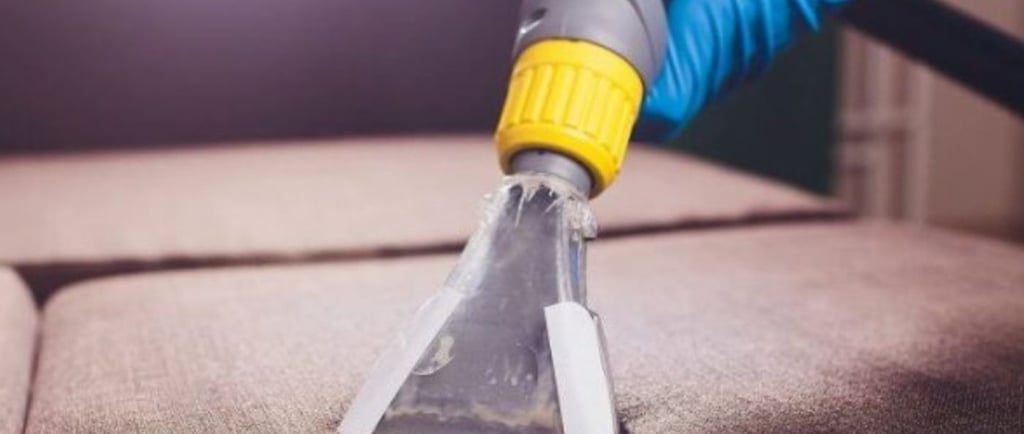Nettoyage professionnel d'un canapé par NetT : utilisation d'un aspirateur à embout transparent par un expert en gants bleus