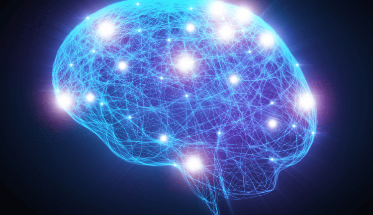 an outline of a brain in electric blue with flashes of light on a black background