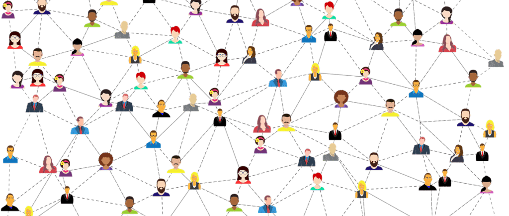 A graphic showing lots of small people connected by lines and dotted lines
