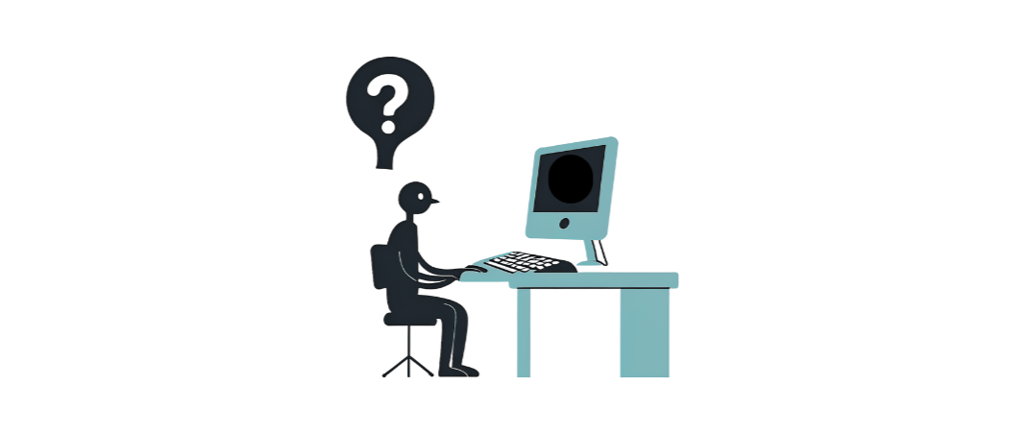 An AI-generated graphic of a person at a computer with a question mark above their head