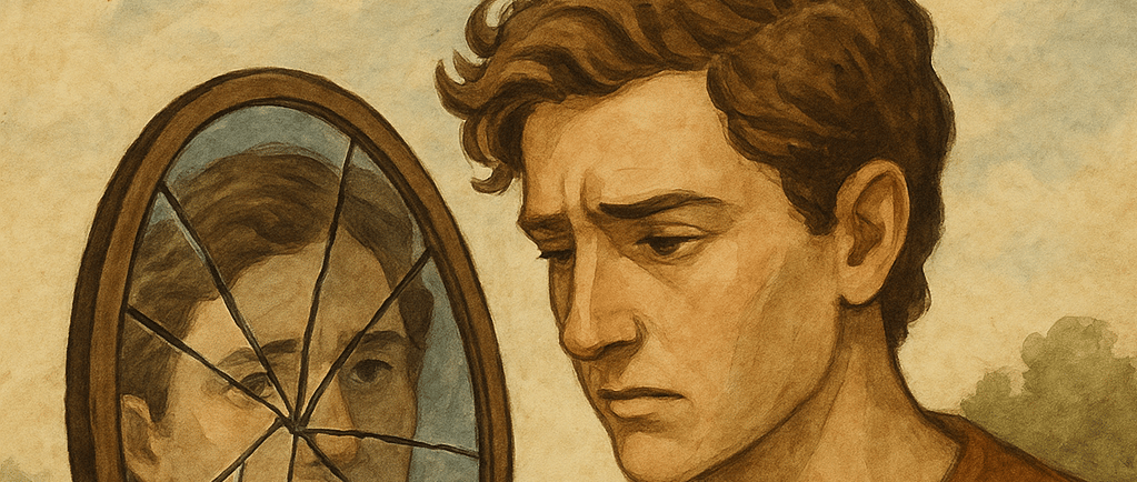 Man's reflection in broken mirror.