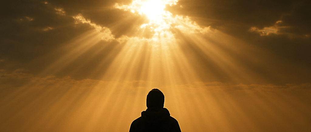 a man standing on a mountain top with a sunbeam