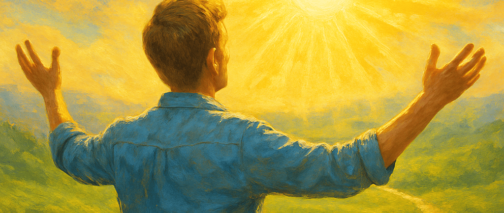 a painting of a man standing in a field