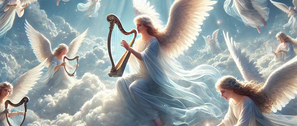 an angel playing harp 