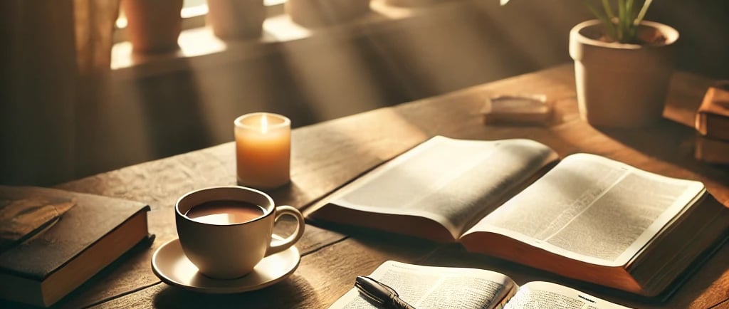 a cup of coffee and a candle on a table
