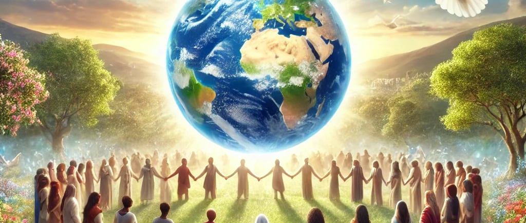 a group of people holding hands in front of a globe