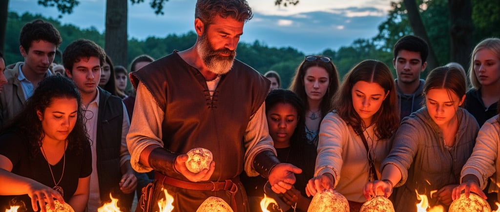 Man and group holding rocks on fire.