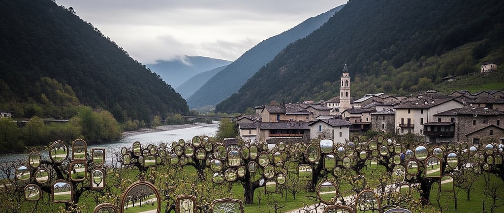 a scenic view of a mountain range with a church in the background