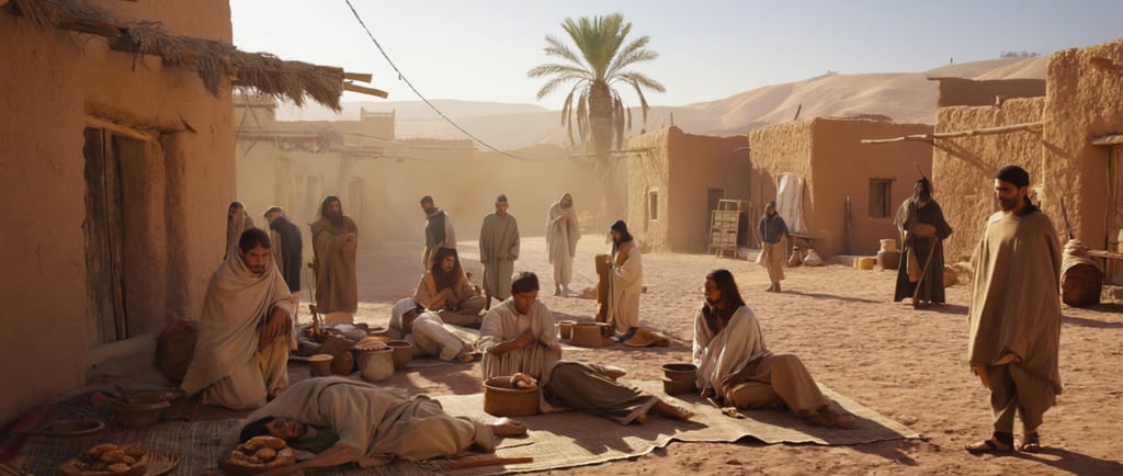 a group of people sitting around on sand