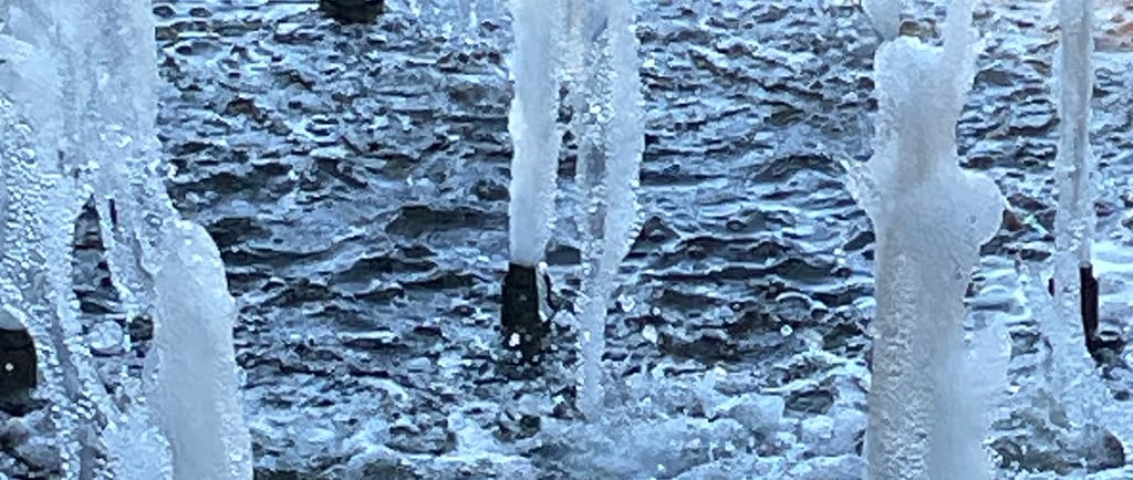 a group of water fountains with ice crystals