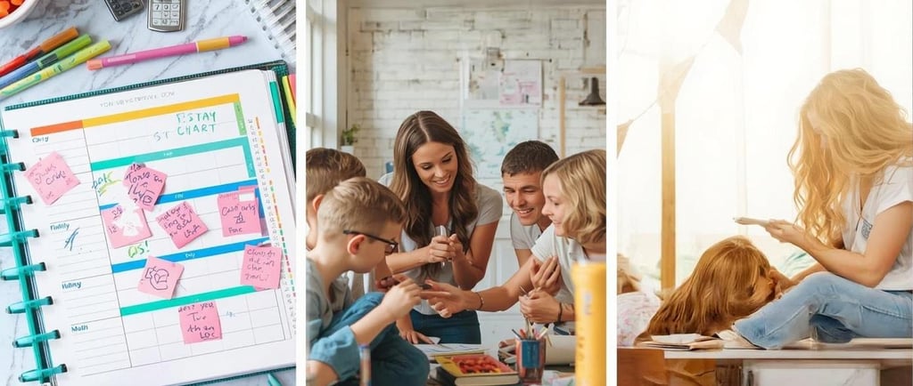 a group of people sitting around a table with a dog
