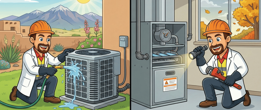 Professional HVAC technician performing spring air conditioning maintenance and fall heating furnace tune-up.