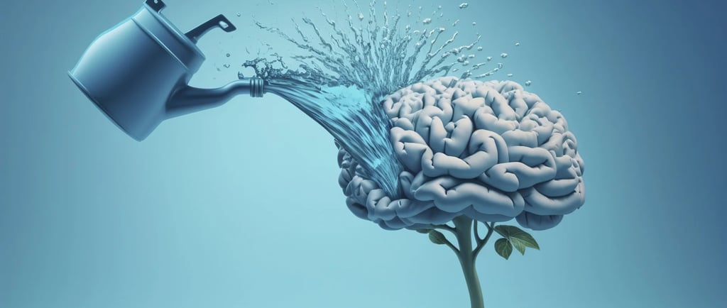Cerebro humano que crece a partir de una flor, la regadera está vertiendo agua en la mente.