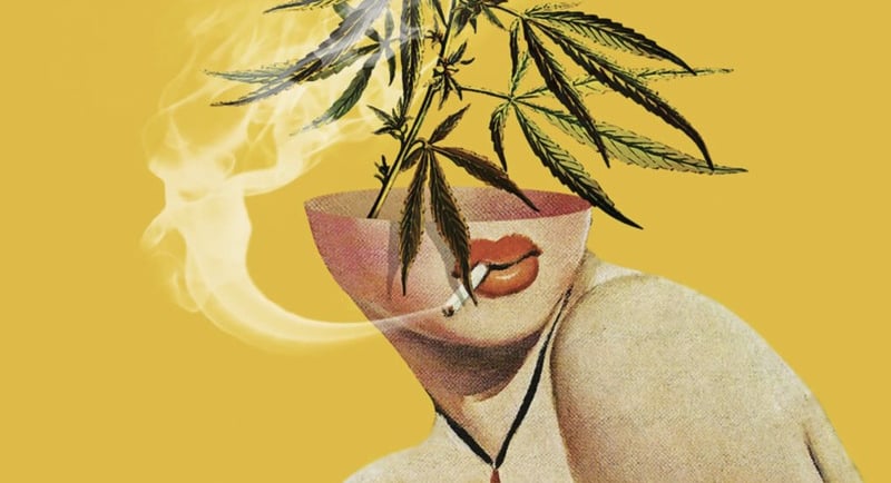 a woman with a marijuana leaf on her head