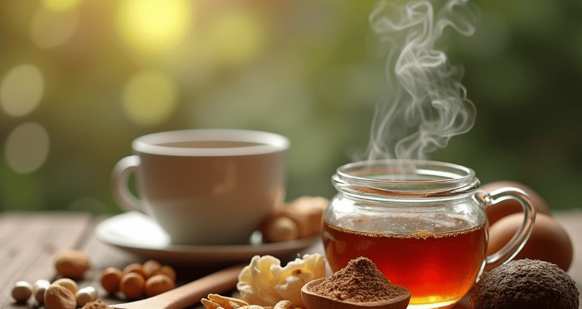 a cup of tea with nuts and nuts on a table