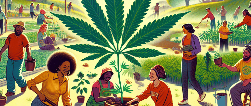 a group of people are gathered around a potted Cannabis plant