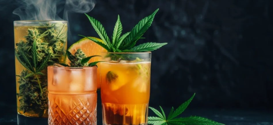 two glasses of cannabis marijuana and a glass of iced tea