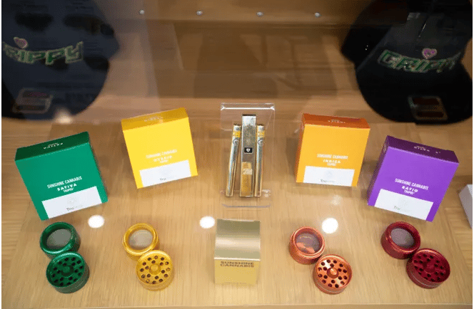 a display case with various items in a display case