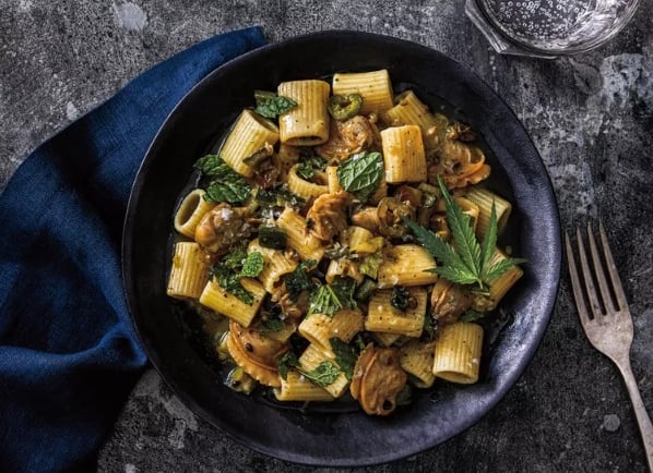 a bowl of pasta with mushrooms and mushrooms