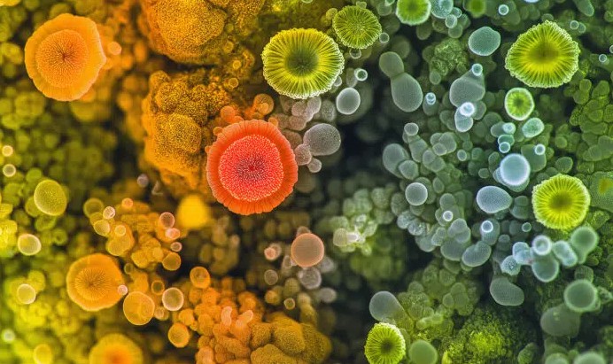 a close up of a group of different colored algaes